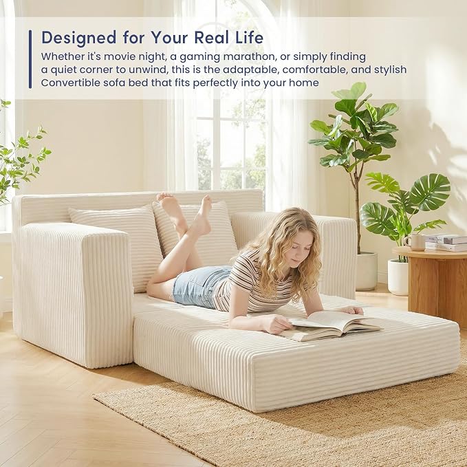 cidludto Convertible Sofa Bed, Boneless Couch 2 in 1 Loveseat Folding Couch Bed Foldable, Boneless Chair Bed & Futon Sofa, Small Couch Corduroy Pull Out Sofa with 4 Pillows for Living Room, Beige