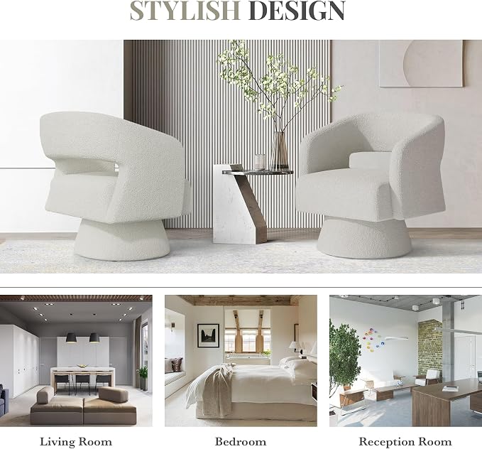 Swivel Barrel Accent Chair,Oversized Teddy Upholstered Round Swivel Chair,Modern Luxury 360 Degree Living Room Vanity Chair for Bedroom Office,White
