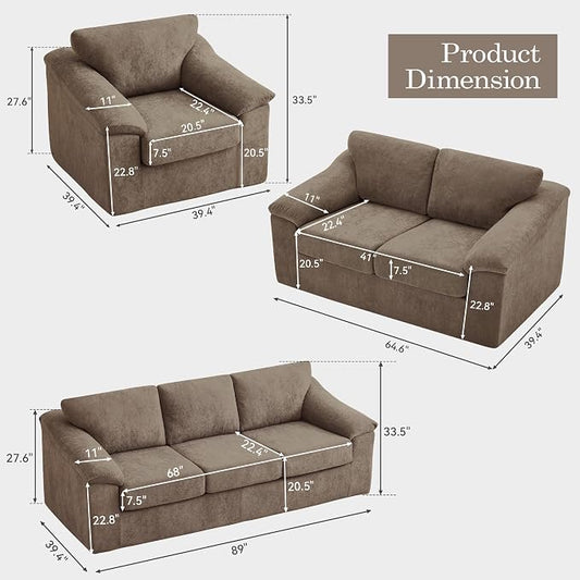Oversized Boneless Couch Sets, Modern 3 Seater Sofa, Loveseat Sofa with Accent Sofa Chair, Floor Cloud Couch Sets with Extra Comfy Soft Deep Seats for Living Room, No Assemby, Set of 3, Brown