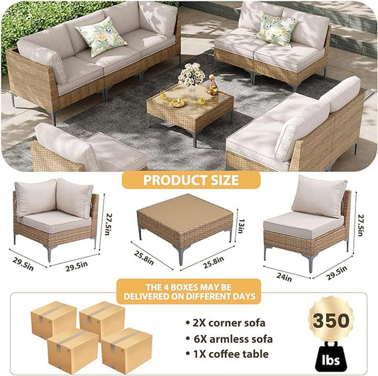 9-Piece Patio Furniture Set, Outdoor Wicker Sectional Sofa with Coffee Table, Anti-Slip & Thick All-Weather Cushions for Sunroom,Garden,Backyard, Beige