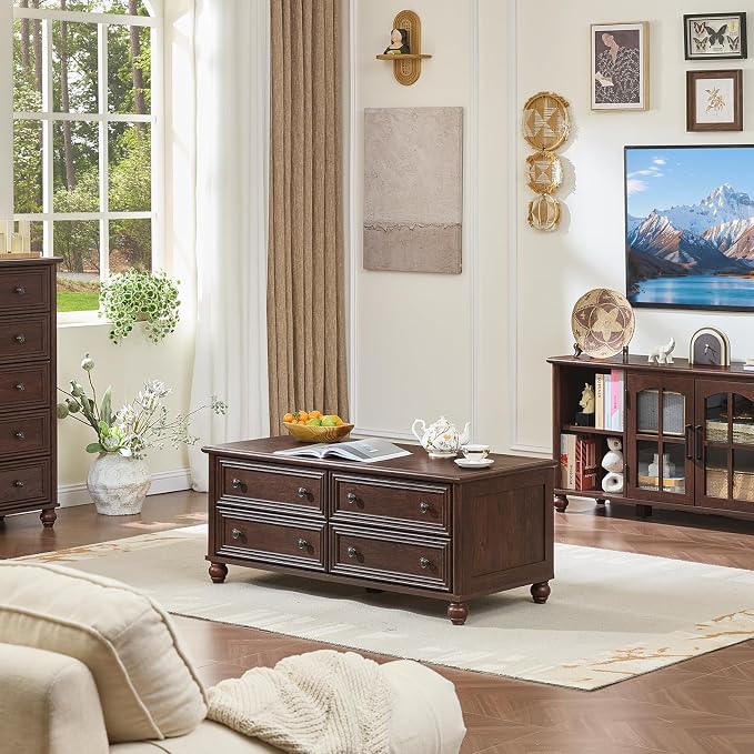 RWYHG 48" Farmhouse Coffee Table with Hidden Storage,Wooden Coffee Tables with 4 Drawers & Roman Column Handle,Rectangular Rustic Center Table with Solid Wood Curved Base for Living Room,Office,Walnut