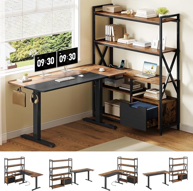77.8 Inches L Shaped Standing Desk Corner Desk with Hutch Electric Height Adjustable Desk with Storage Shelves File Drawer Power Outlets Reversible Computer Gaming Desk for Home Office, Brown