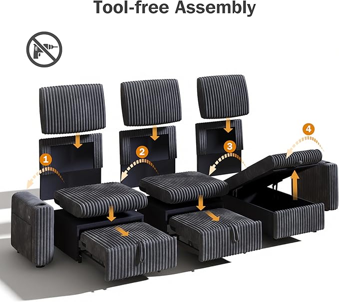 Vipbear 101" Sectional Sleeper Sofa with Pull Out Bed,5-Level Adjustable Backrest,3 Seat Modular Couch with Storage,Tool Free Assembly,USB & Cup Holders, Corduroy Sofa for Living Room, Dark Gray