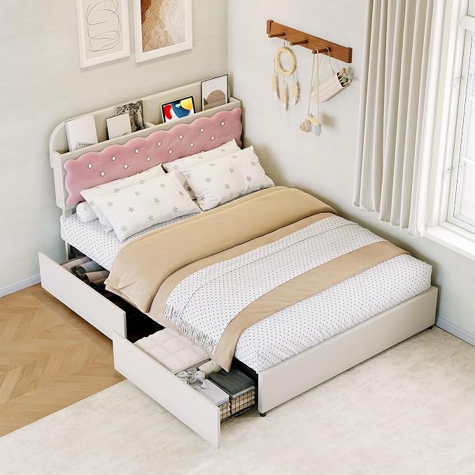 Garvee Girls Full Size Bed, Sandwich Cookie Style Princess Bed Frame, Beige Pink Upholstered with Storage Headboard & 2 Drawers, No Box Spring Needed