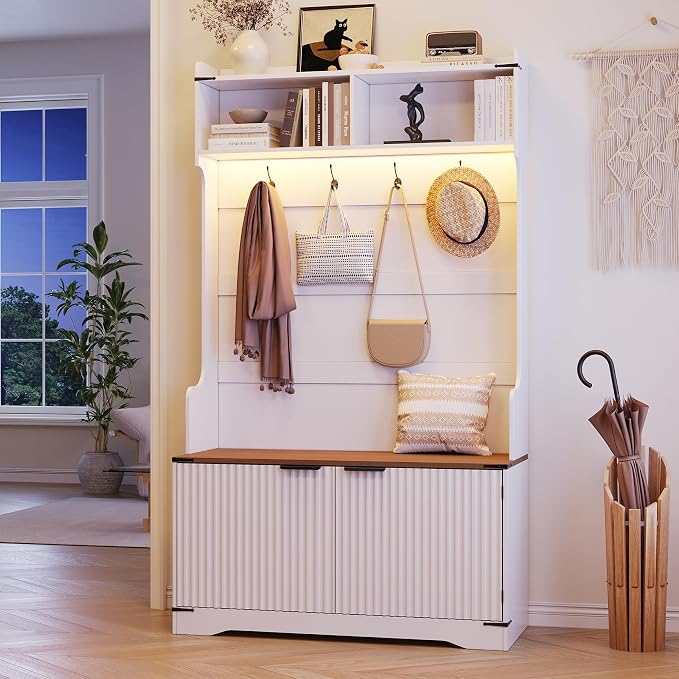 Maupvit Farmhouse Hall Tree with Bench and Shoe Storage, 4 Coat Rack with Shoe Storage Cabinet, 5-in-1 Entryway Organizer with Led Lights, Adjustable Shelves & Flip Drawers, Mudroom Seat Stool, White