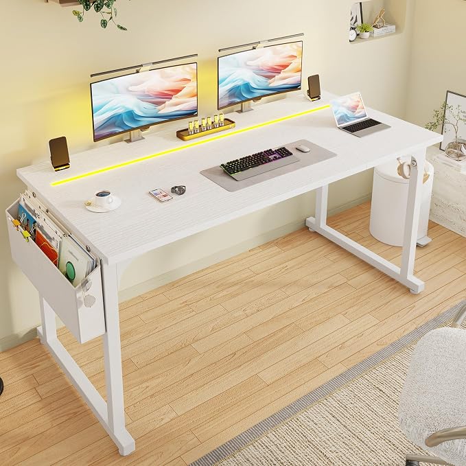 DurayLoly 55 Inch White Computer Desk with LED Lights, Office Desk with Storage Bag for Home Office, Gaming Desk with Headphone Hook for Study Writing Work Desk,Sturdy Metal Frame
