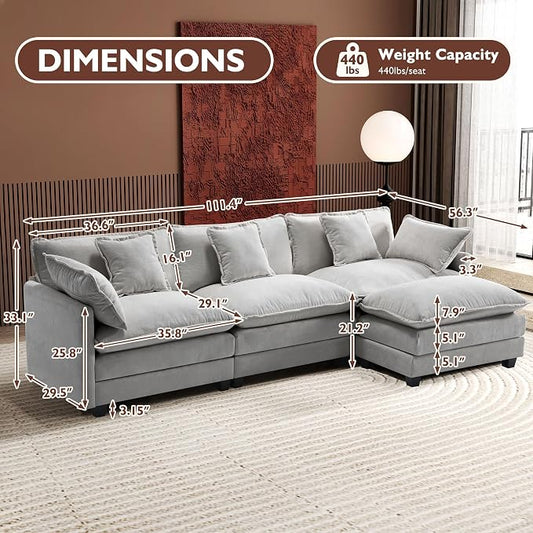 Ihanherry 111.4" L Shaped Modern Sofa Modular Sectional Cloud Couch with Ottoman, 4-Seat Chenille Deep Seat Sofa with Pillow for Living Room, Bedroom and Apartment, Grey