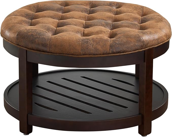 adochr Round Coffee Tables for Living Room,33’’ Storage Ottoman with Wooden Tray, Upholstered Ottoman Footrest, Light Brown