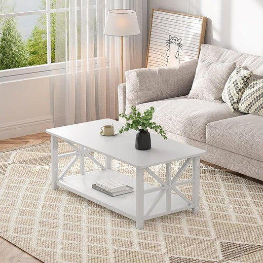 GreenForest Coffee Table for Living Room with Round Corners | Modern Style Center Table with Storage Shelf,39 Inch X-Frame Sofa Table,Space Saving,Easy Assembly,Full Wh