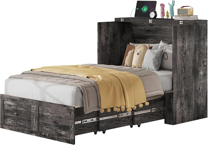 AMERLIFE Twin Murphy Bed Cabinet with Charging Station and Storage Drawer, Farmhouse Foldable Platform Bed for Home Office, Apartment, Small Spaces, Black Oak