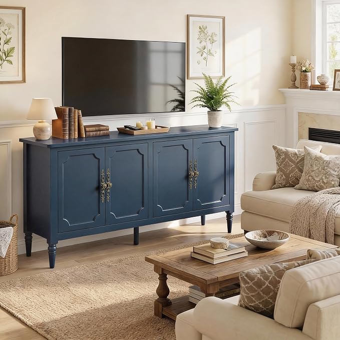 RoyalCraft Buffet Cabinet with Storage, Vintage Sideboard with Adjustable Shelves, Mid Century Modern Painted Credenza Coffee Bar for Kitchen, Dining Room, Entryway, Blue