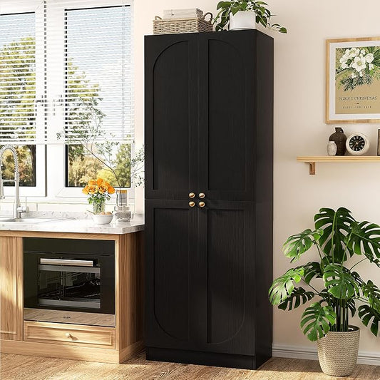 Cyclysio 80" Kitchen Pantry, Extra Tall Arch Storage Cabinet with 8 Soft Close Doors and Adjustable Shelves, Freestanding Wood Cupboard with Seamless Fit Wall for Dining Living Room Bathroom Furniture