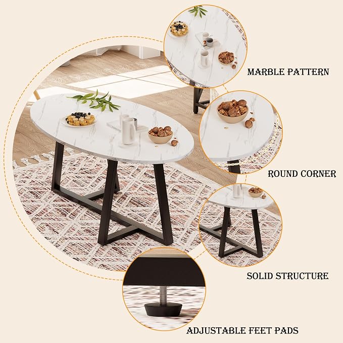Wolawu Coffee Table Small Oval Table,White Faux Marble Table for Living Room, Modern Center Tea Tables for Small Space,Wooden Tables End Tables with Sturdy Black Metal Leg