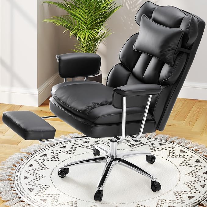 Sweetcrispy Home Office Desk Chair, Executive Ergonomic Big Tall High Back with Footrest & Lumbar Support, Reclining Height Adjustable, Comfy PU Leather Computer Gaming with Swivel Wheels, Black