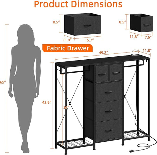 HIGDBFE 5-Drawer Dresser with 2 Hanging Racks, Black, 49.2" W | LED Lights&Charging Station, Hooks, Wooden Top, Fabric Drawer, Dresser TV Stand for Bedroom, Dorm