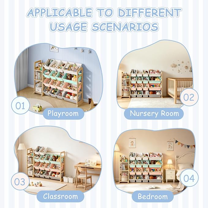 EXPERLAM Toy Storage Organizer, Toy Storage Shelf with 3 Shelves and 16 Storage Bins (12 Small + 4 Large), 3-in-1 Kids Bookshelf for Kids Rooms, Playroom, Nursery, Multi