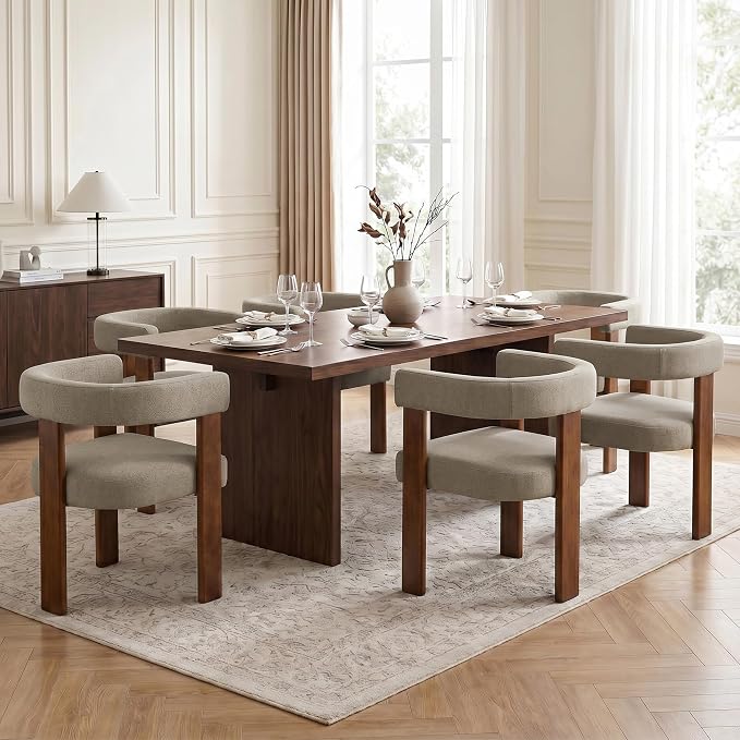 Usaint Wooden Barrel Dining Chairs Set of 2, Mid-Century Modern Upholstered Dining Room Chairs with Walnut Wood Legs and Loop Back, Comfy Accent Arm Chair for Dining Room, Kitchen, Living Room, Brown
