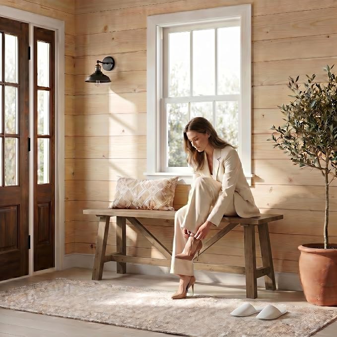 Wnutrees 43" Farmhouse Solid Wood Bench, Narrow Long Seat for Entryway Living Room Dining Area, Natural