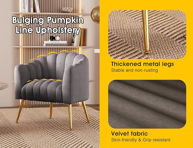 Dewhut Oversized Pumpkin Couch Accent Chair, Modern Comfy Velvet Upholstered Barrel Chairs, Luxury Single Sofa Armchair for Living Room, Waiting Room, Office and Vanity, (Grey)