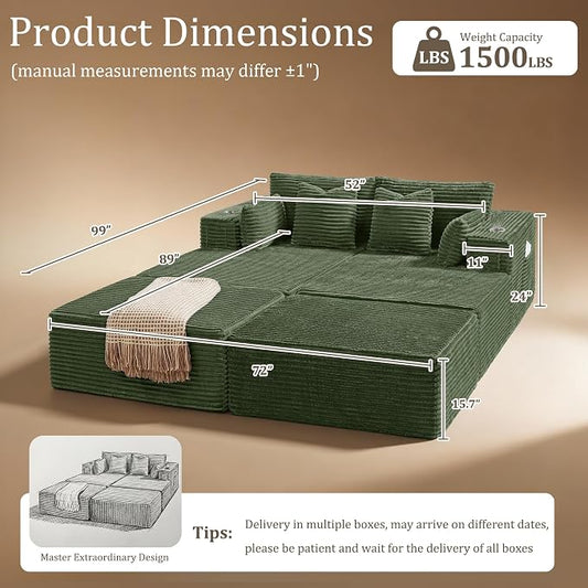 72" Cloud Sectional Couch, Comfort Sleep Sofa for Living Room, Extra Deep Seats No Assembly, Minimalist Modular Couch, Corduroy (Olive Green, Extend Loveseat Chaise)