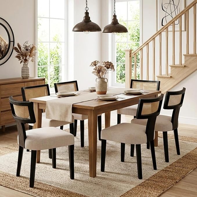 HNY Mid Century Modern Rattan Dining Chairs Set of 6, Farmhouse Linen Upholstered Accent Chair Curved Backrest Kitchen Chairs, with Black Hardwood Frame, Beige