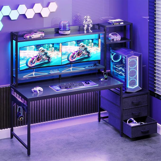 Casaottima 55 Inch Gaming Desk with Hutch & 3 Fabric Drawers, Computer Desk with USB Ports & LED Lights, Reversible Pc Gamer Table with Monitor Stand for Home Office, Carbon Fiber Black
