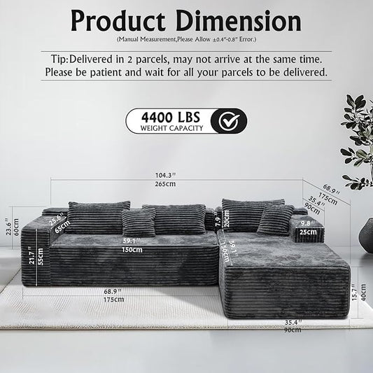 Sectional couches for Living Room Corduroy Couch, 104" Cloud Sectional Couch with L-Shape Chaise, Modern Modular Sofa, Deep Seat Comfort, No Assembly Required(Plush Corduroy, Right Facing Chaise)