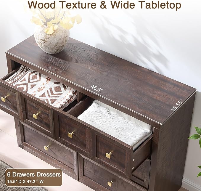4 Piece Bedroom Set - Includes 6 Drawer Dresser, 5 Drawer Wood Dresser and 3 Drawer King Size Nightstands Set of 2 with Charging Station, 4 Piece Farmhouse Dresser and Nightstand Sets,Brown