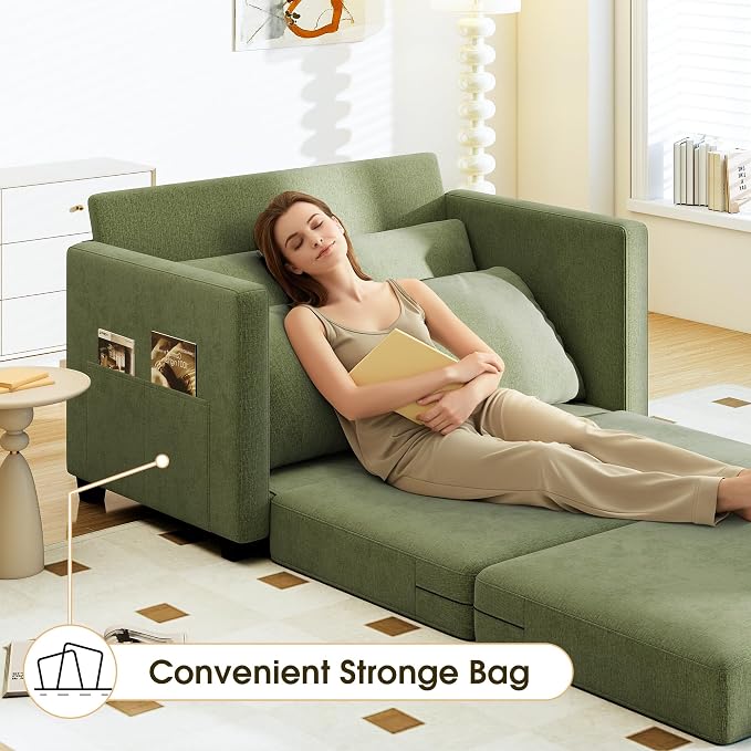 51" Convertible Loveseat Sofa Bed, 2 in1 Folding Sofa Bed, Loveseat Sleeper Sofa for Small Spaces, Fold Out Floor Couch with 2 Pillows for Apartment, Living Room & Guest Room, Green Chenille Fabric