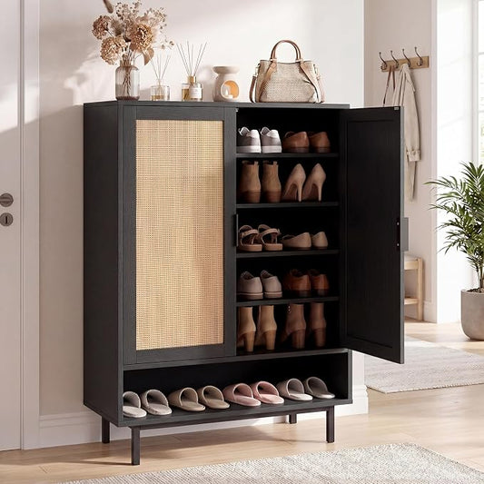 LOKO Shoe Storage Cabinet with 2 Doors, 6-Tier Rattan Shoe Organizer with Adjustable Shelves & Open Compartment, Freestanding Hidden Shoe Cabinet for Entryway, Closet & Living Room (Black)