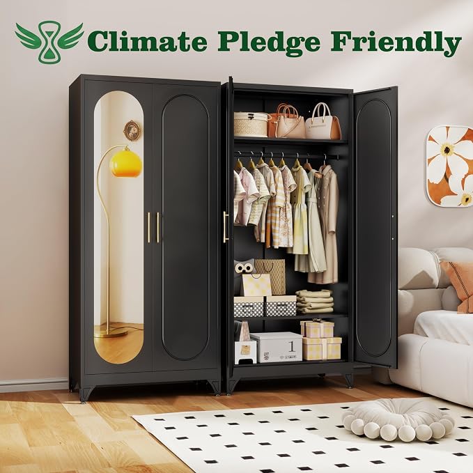 71" Arched Black Metal Wardrobe Closet with Full-Length Mirror, French Elegance Steel Armoire Clothes Storage Cabinet with Hanging Rod & Adjustable Shelves for Bedroom Home Office, 18" Deep