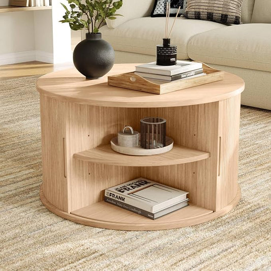 LINSY HOME Round Coffee Table, 31.5" Drum Coffee Table with Sliding Tambour Door, Fluted Accent Center Table with Storage, Mid Century Modern Coffee Table for Living Room, Oak