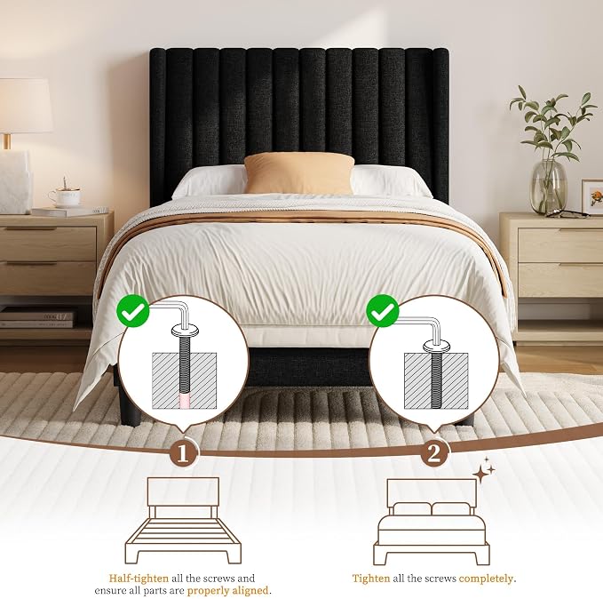 Yaheetech Twin Bed Frame Upholstered Platform Bed with Fabric Headboard, Wing Edge Design/Non-Slip and Noise-Free/Wooden Slats Support/No Box Spring Needed/Easy Assembly,Black Twin Bed