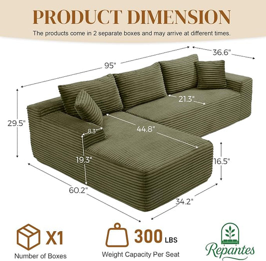 95" L Shaped Boneless Sectional Couches, Wide Armrest, Deep Seat, Memory Foam, Assembly Free, Modern Comfy Corduroy Fluffy Cloud Sofa with Left Chaise for Living Room, Small Spaces, Green