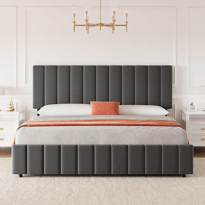 IDEALHOUSE King Linen Upholstered Bed Frame with 4 Storage Drawers, Adjustable Headboard and Wooden Slats Support, No Box Spring Needed, Grey