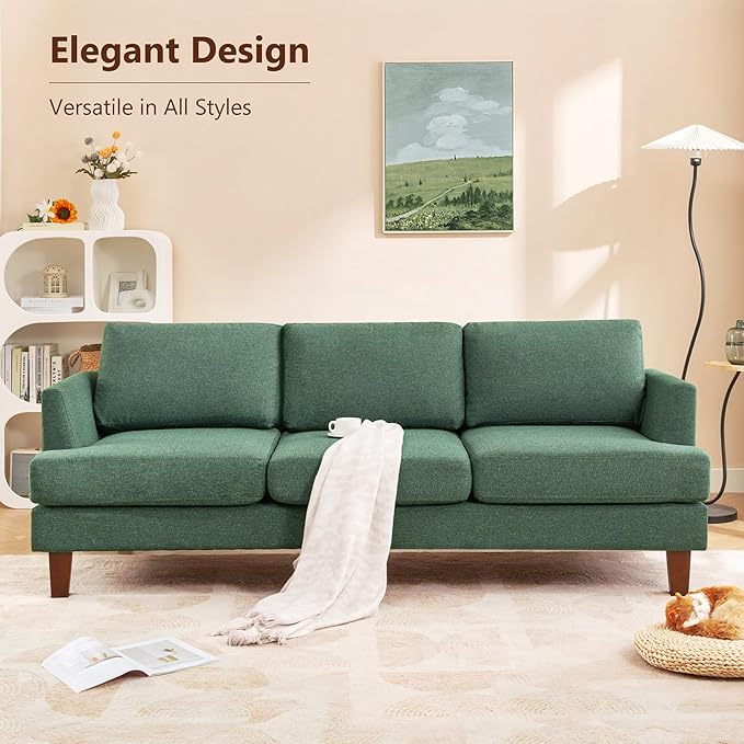 Busaurus 3 Seater Sofa Couch with Deep Seats, 89" Mid Century Modern Upholstered Sofa with Armrests, Comfy Couches for Living Room, Bedroom, Apartment and Office (Green)