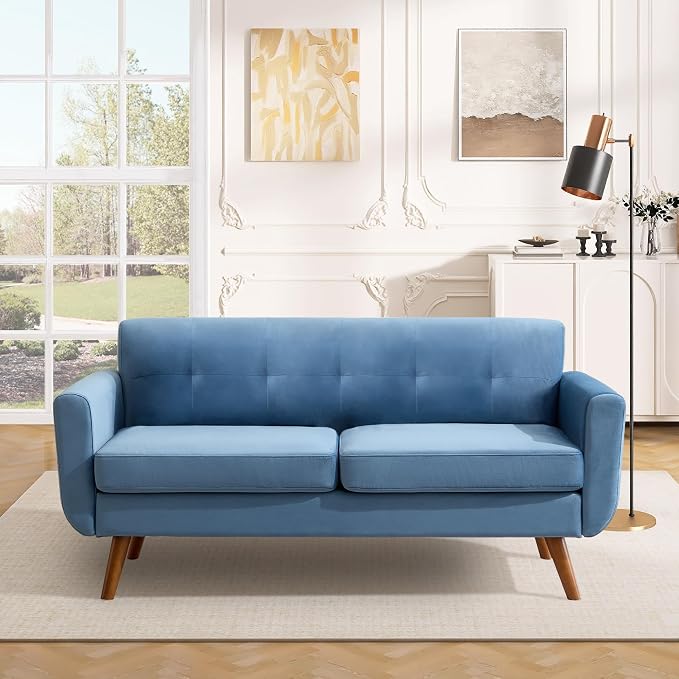Tbfit 65" W Loveseat Sofa, Velvet Mid Century Modern Love Seat Couches for Living Room, Button Tufted Upholstered Small Couch for Bedroom, Solid and Easy to Install Love Seats Furniture, Blue | linen fabric