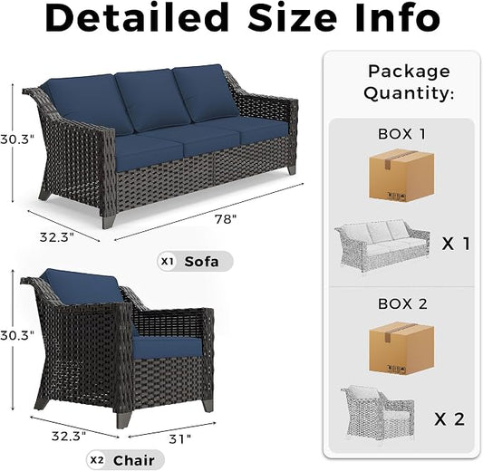3 Pieces Patio Conversation Furniture Set - 1 Sofa, 2 Armchairs, Outdoor Wicker Furniture with Removable Cushions for Porch, Balcony, Sunroom (Blue)