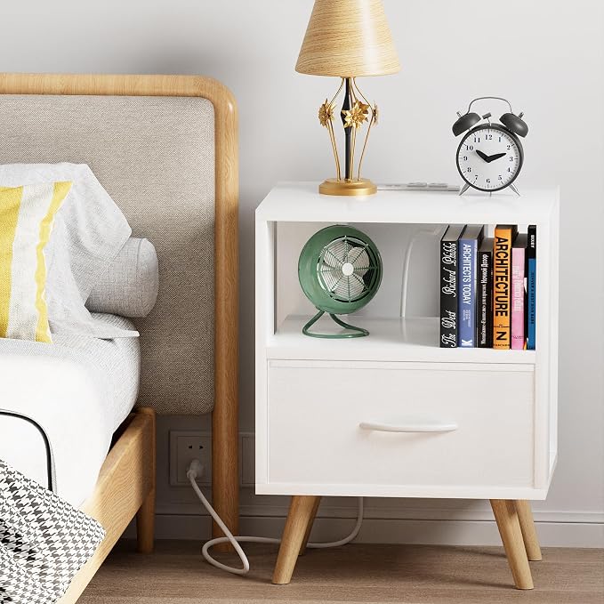 Aenuert Night Stand with Charging Station, White Nightstand with Drawer, 3-Tier Wooden Bedside Table with USB Ports and Outlets, End Table for Small Space, Living Room, Bedroom