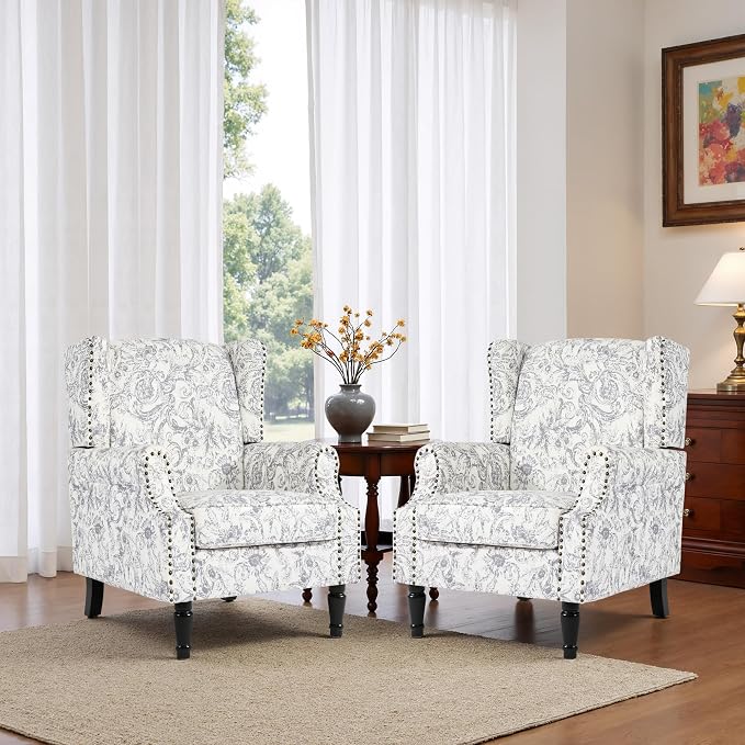 High Back Floral Accent Chair, Fabric Wingback Chair Upholstered Armchair for Living Room - Rococo Light Gray