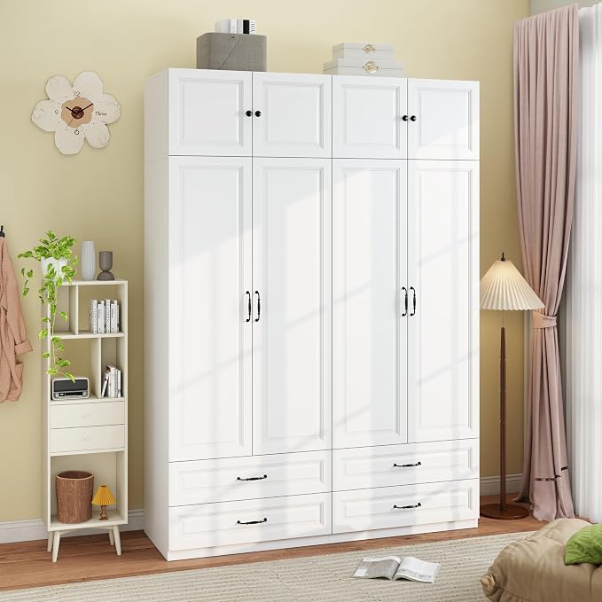 Armoire Wardrobe Closet with 4 Drawers: 88" White Bedroom Closet, Wood Wardrobe Closets with 4 Doors, Tall Armoire Cabinet and Storage Shelves for Clothing (63")