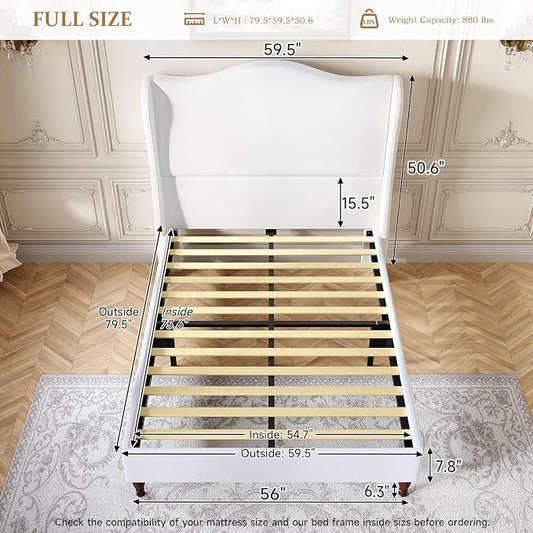 koorlian Full Size Bed Frame with 51" Tall Headboard, Fully Upholstered Platform Bed Frame with with Soft Fabric, Sleigh Wingback, Solid Wood Retro Legs, Modern Minimalist Style, Easy Assembly, White