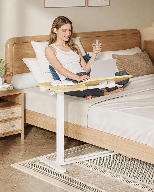 SANODESK Small Rolling Overbed Table Adjustable Height with Wheels, Mobile Laptop Desk with Tilting Desktop, Portable Computer Workstation for Home Office, Classroom, Bedside, Maple