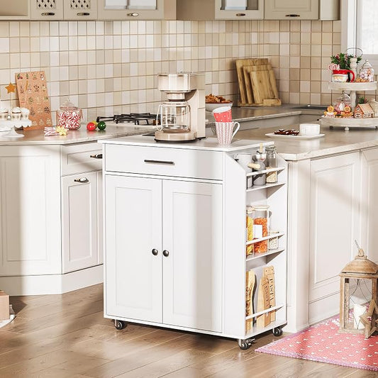 HOOBRO Kitchen Island with Power Outlet, Kitchen Storage Island with Spice Rack and Drawer, Rolling Kitchen Cart on Wheels, for Home, Kitchen and Dining Room, White WT82UZD01G1