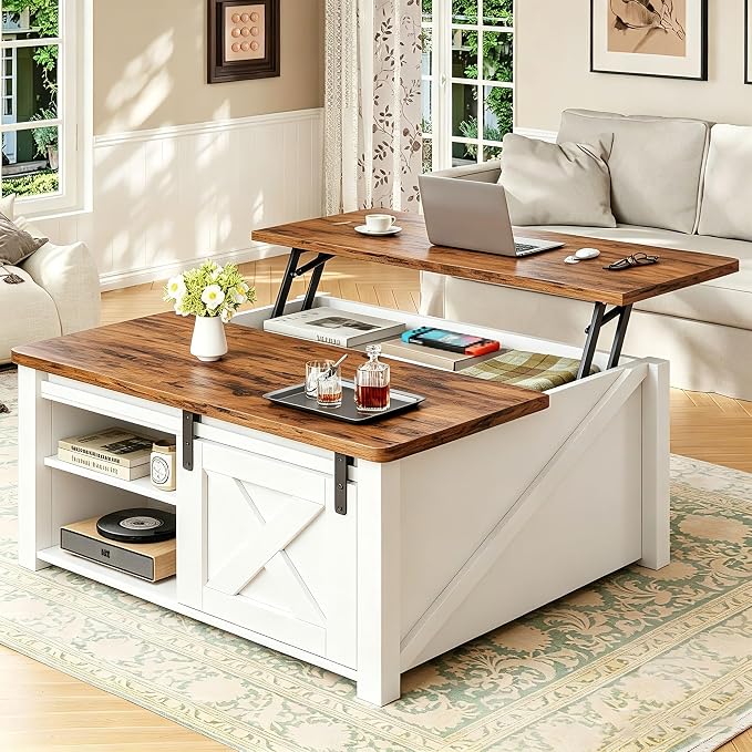 Simple Deluxe Lift Top Coffee Table with Storage, Farmhouse Coffee Table for Living Room, Coffee Tables with Hidden Storage, Coffee Tables with Lifting Top Center Table for Living Room(White)