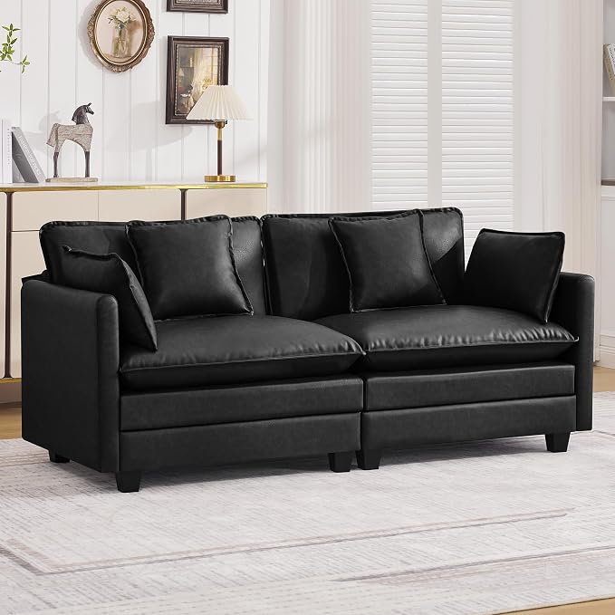 76'' Cloud Deep Seat Loveseat, Upholstered Leather Modular 2-Seats Sectional Sofa Couch, Modern Comfy Settee Loveseat for Living Room Set, Small Apartment, Leather Black