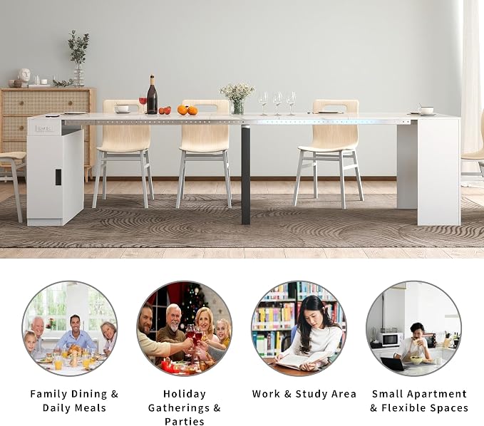 Extendable Dining Table with Storage, Transformer Extra Console Table for 1-12 People, Folding Space Saving Dining Room Table with Built-in Outlet for Homes, Apartments, Marble White