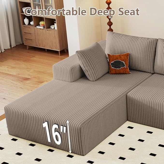 95" Cloud Sectional Couch with L-Shape Chaise, Modular Comfy Sofa Chaise Longue, Upholstered Corduroy Couches Sleeper with Deep Seat for Living Room Bedroom, No Assembly Required(Camel, Left Facing)