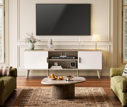 SUPERJARE TV Stand for 55 Inch TV, Entertainment Center with Adjustable Shelf, 2 Cabinets, TV Console Table, Media Console, Solid Wood Feet, Cord Holes, for Living Room, Bedroom, Gray and White