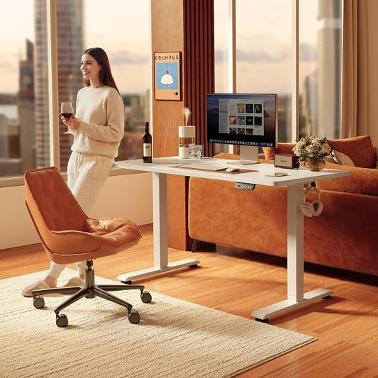 FEZIBO 55 x 24 Inchs Electric Standing Desk, Height Adjustable, Sit Stand Up, Computer Office Desk with Splice Board, White Frame/White Top